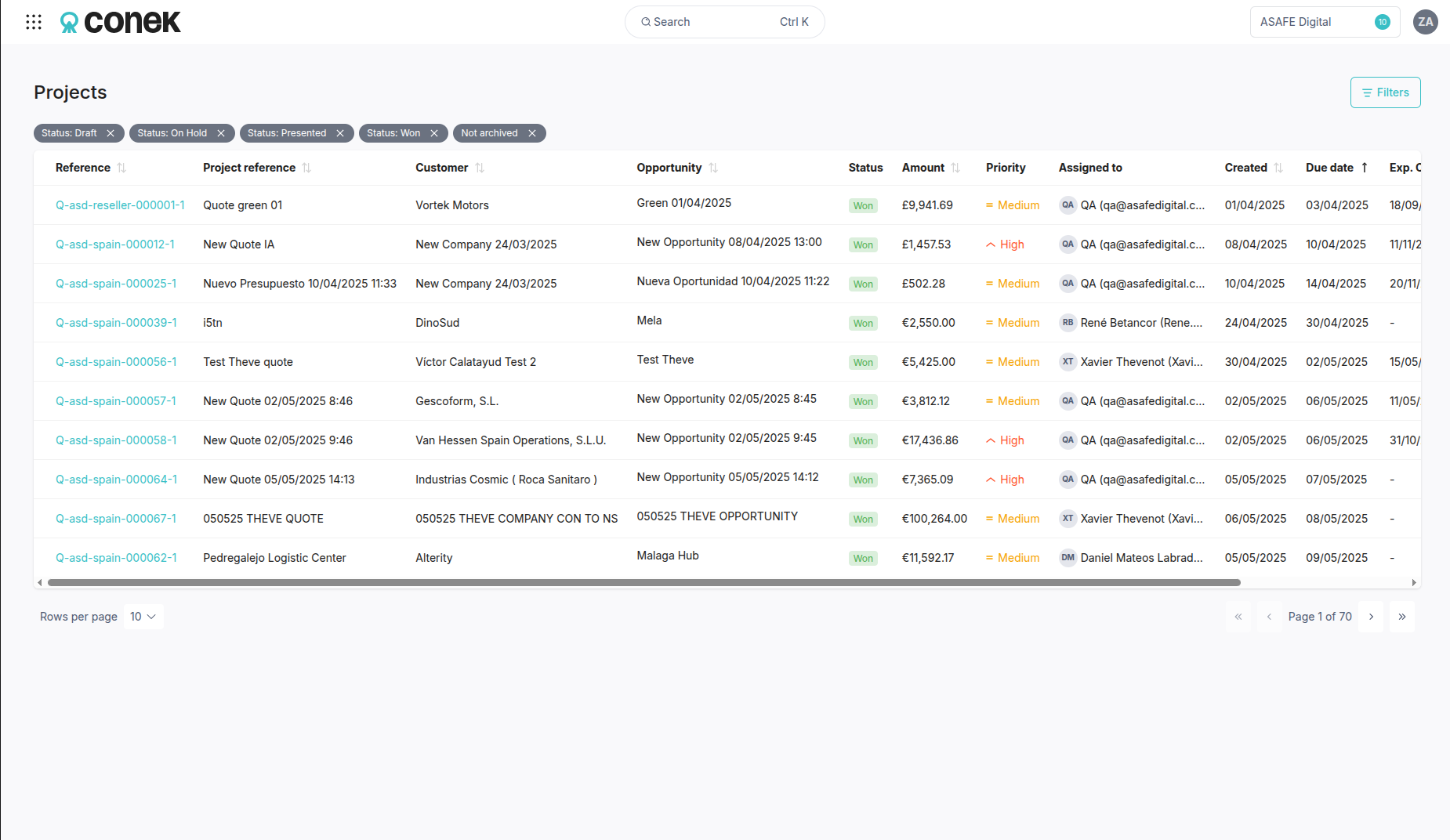 Conek projects and quote pipeline