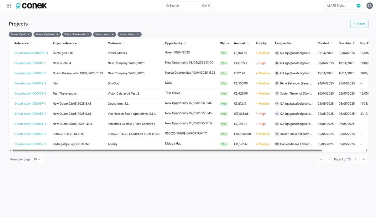 Conek projects and quote pipeline