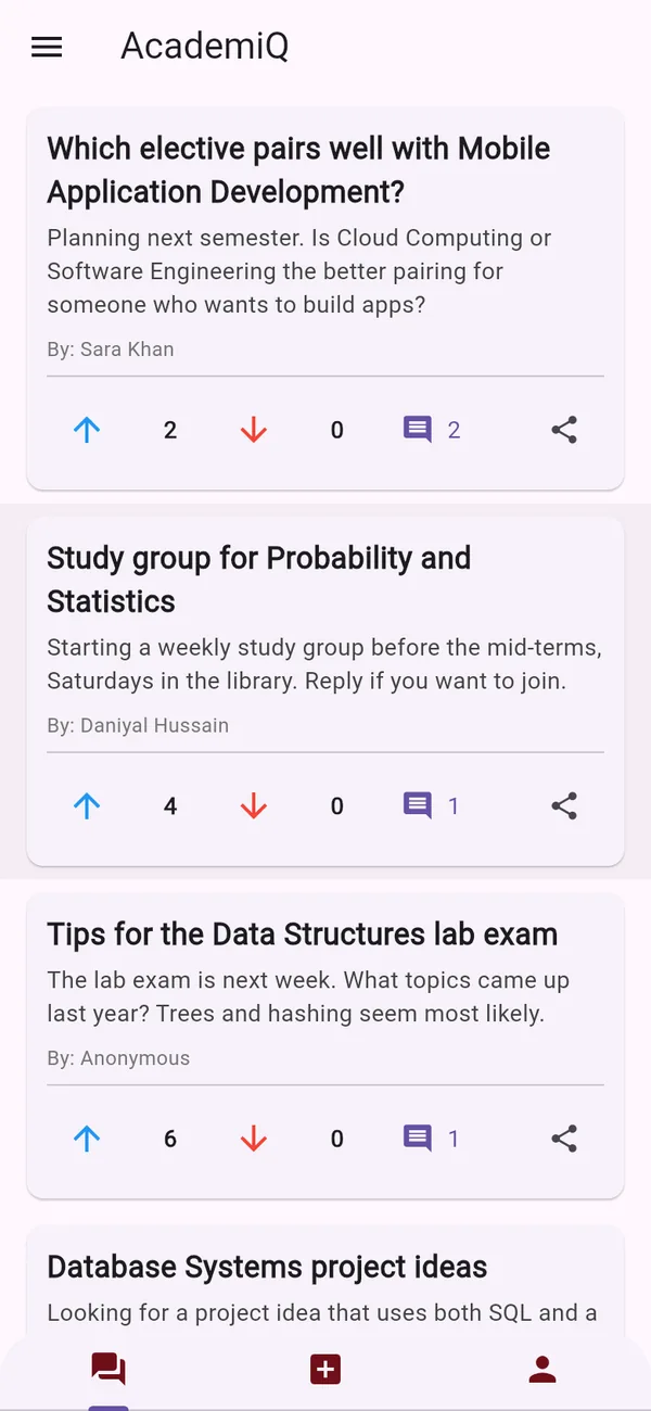 Discussion feed with posts, votes and reply counts