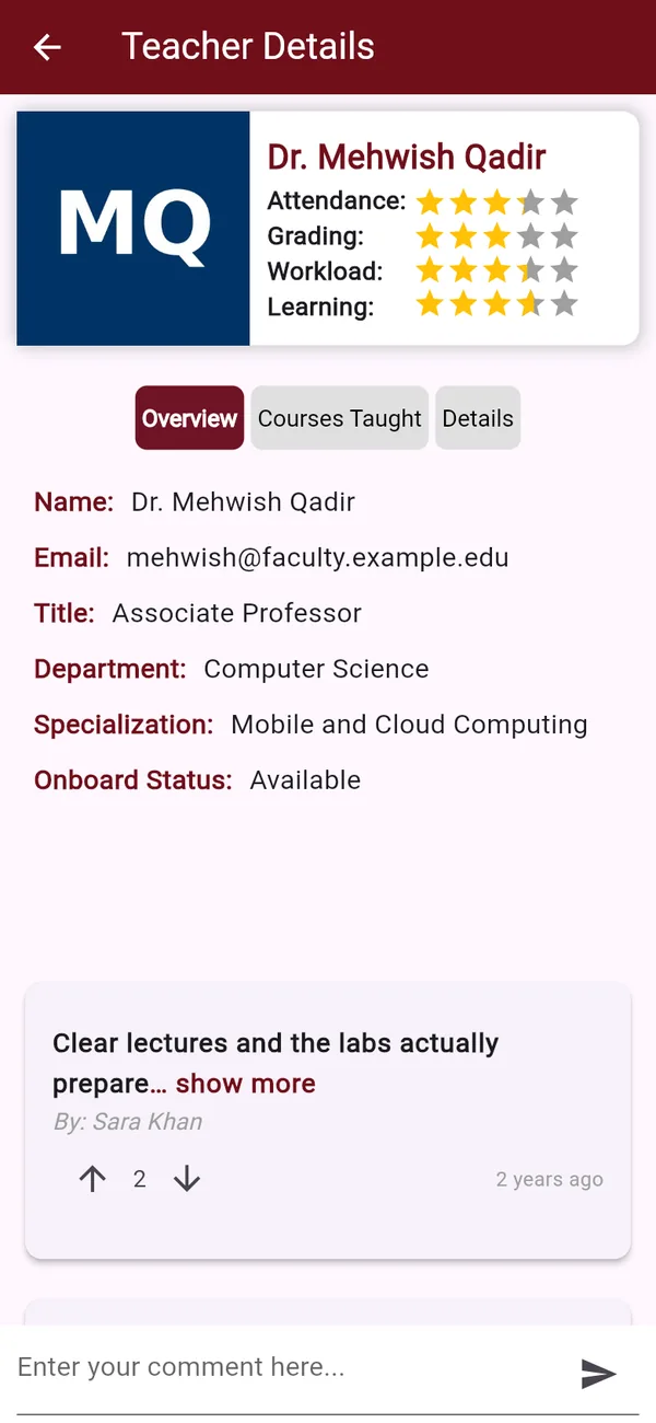 Instructor ratings for attendance, grading, workload and learning