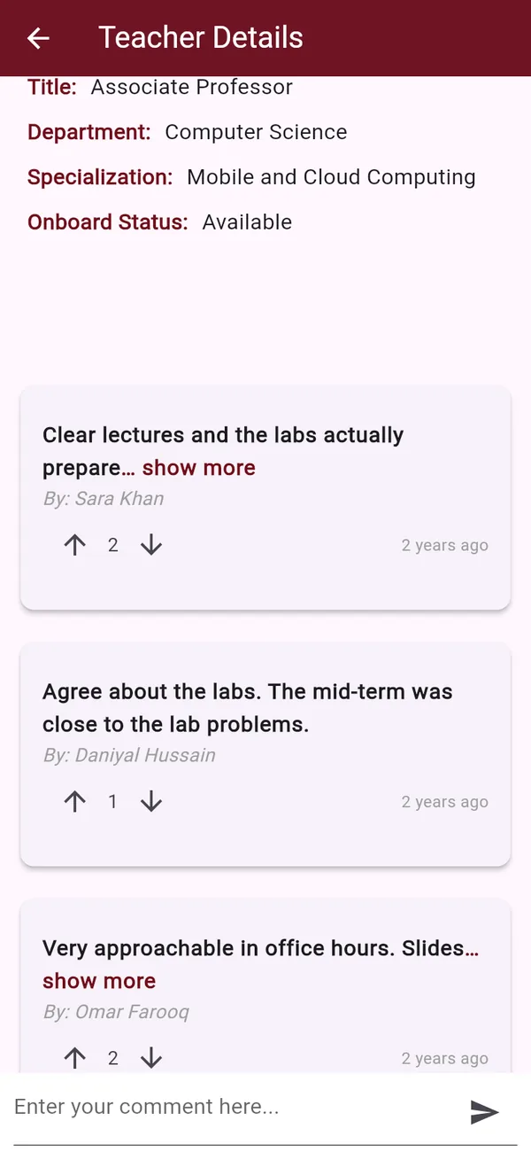 Student reviews of an instructor with vote counts