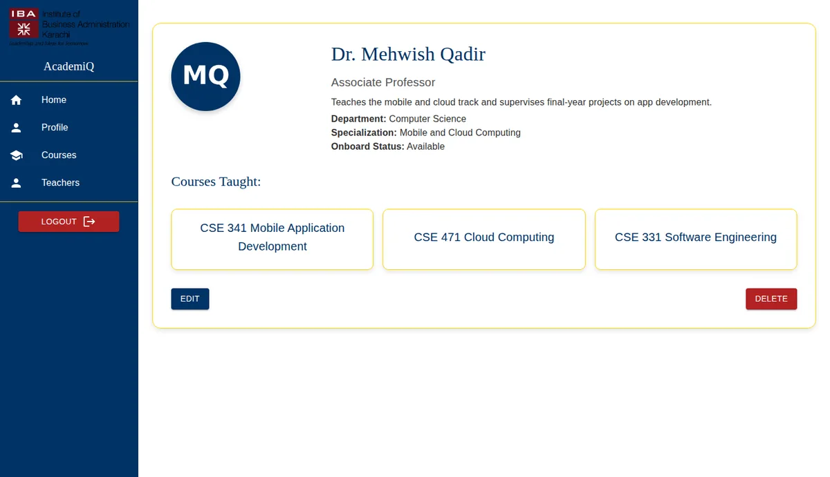 Instructor profile with department and courses