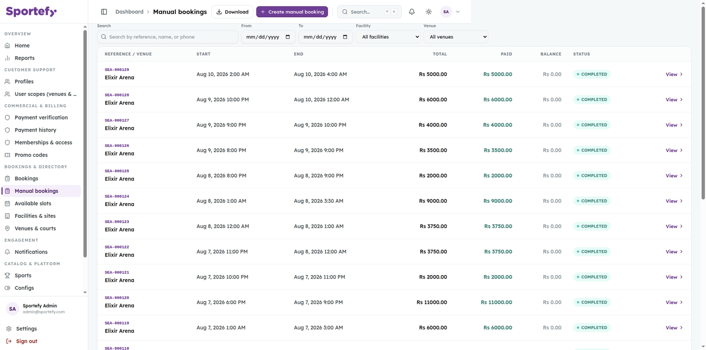 Sportefy manual bookings and reconciliation
