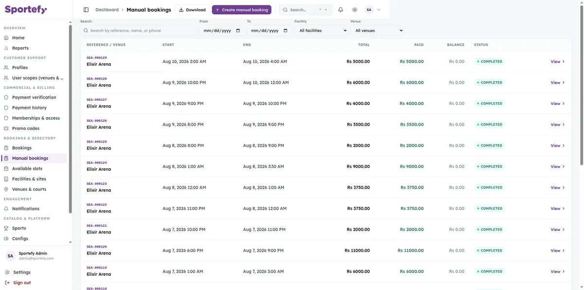 Sportefy manual bookings and reconciliation