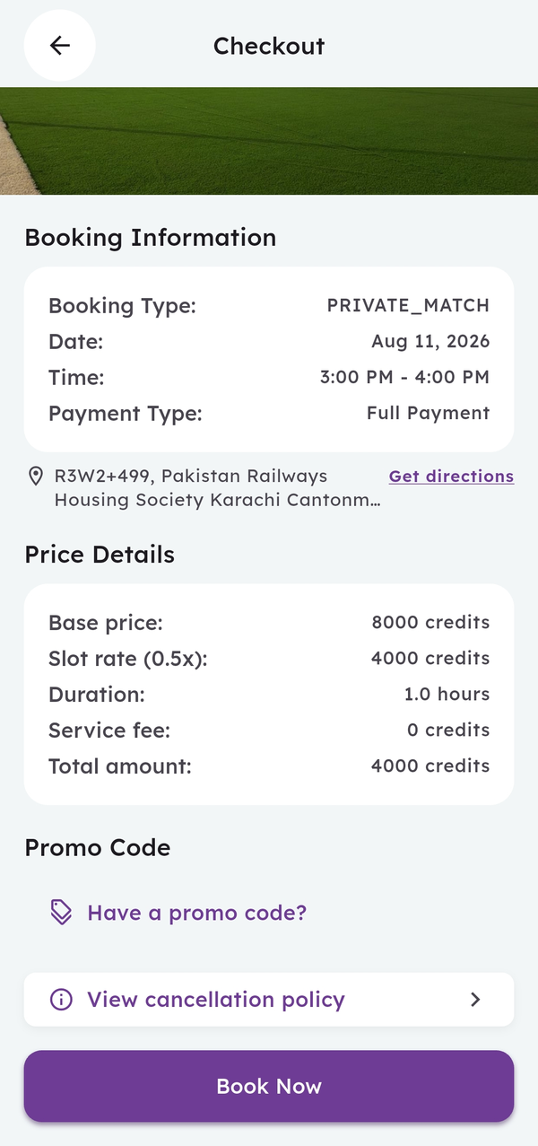 Sportefy checkout with credit pricing