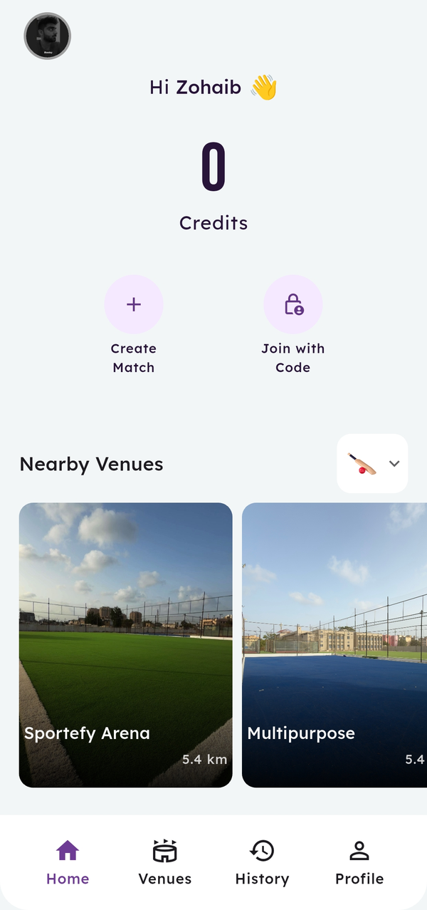 Sportefy app home — credits and nearby venues