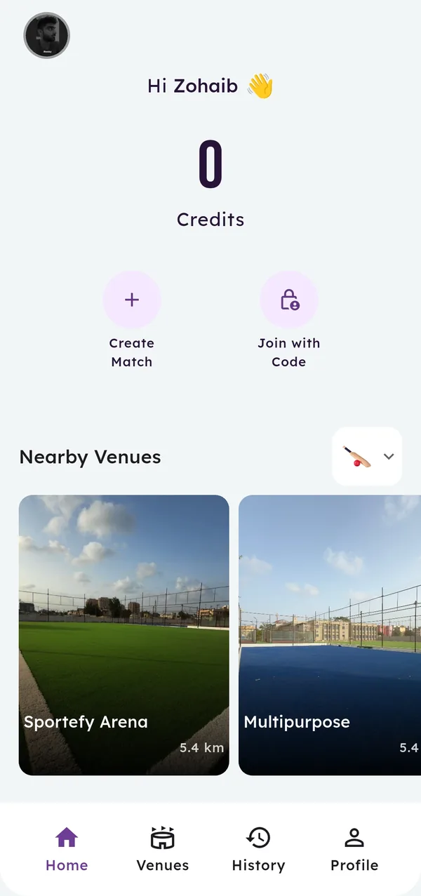 Sportefy app home — credits and nearby venues
