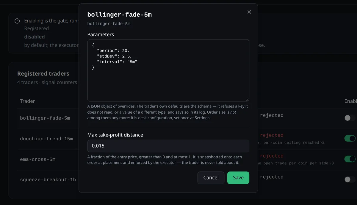Trader configuration dialog with JSON parameters
