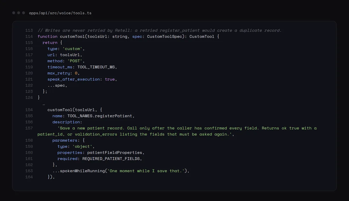 register_patient tool definition with max_retry 0