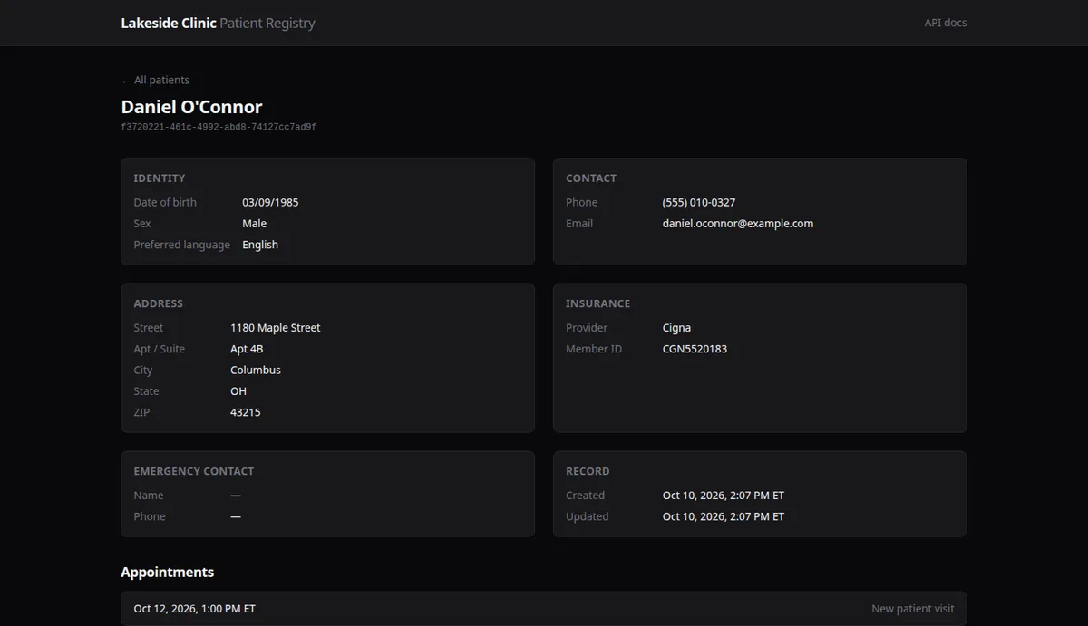 Patient record with identity, contact, address and insurance